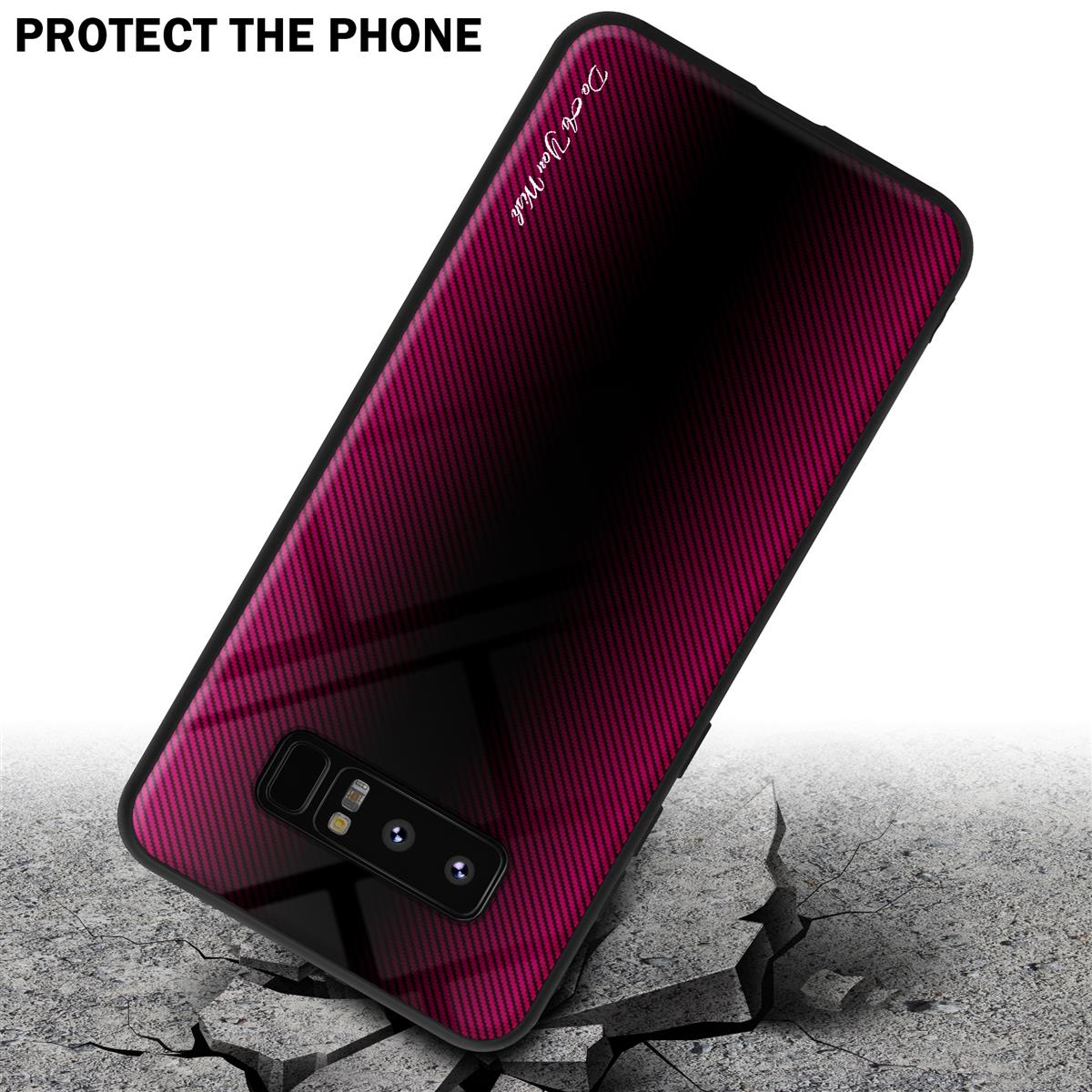Handyhülle mit rosa-schwarzem Farbverlauf auf zerbrochenem Boden. Text: PROTECT THE PHONE.