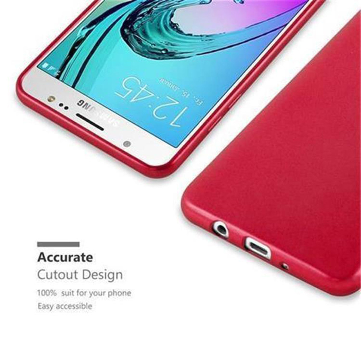 Rote Handyhülle mit einem Telefon darin. Die Hülle hat Aussparungen für Anschlüsse und eine Kamera. Anzeige zeigt die Zeit.