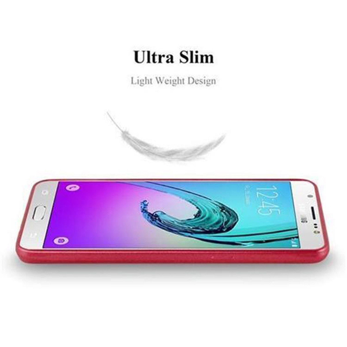 Handyhülle ist rot, der Bildschirm zeigt Blau und Lila. Eine weiße Feder ist über dem Telefon. Weißer Hintergrund.
