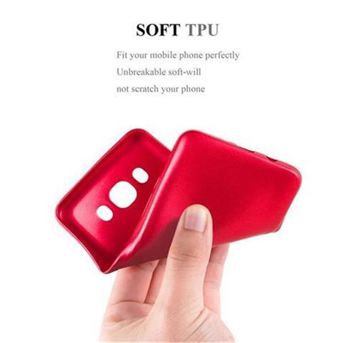 Rote Handyhülle in der Hand, weiches TPU-Material, mit glänzendem Finish. Die Hülle ist leicht gebogen.