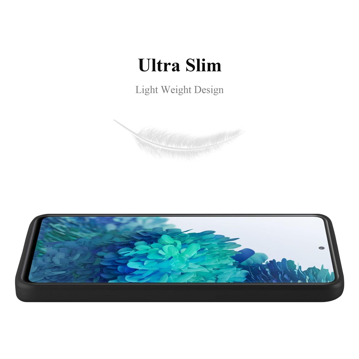 Eine schwarze Handyhülle auf einem Telefon, weiße Feder darüber. Text: Ultra Slim, Light Weight Design.