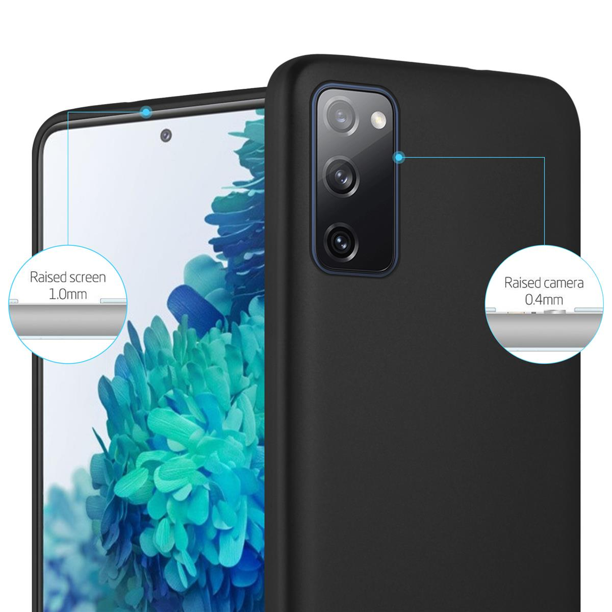 Schwarze Handyhülle auf Telefon, Bildschirm und Kamera erhöht. Hintergrund ist eine weiße Oberfläche.