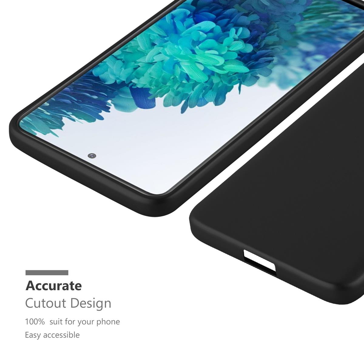 Schwarze Handyhülle mit Telefon oben. Text: Präzises Ausschnittdesign.