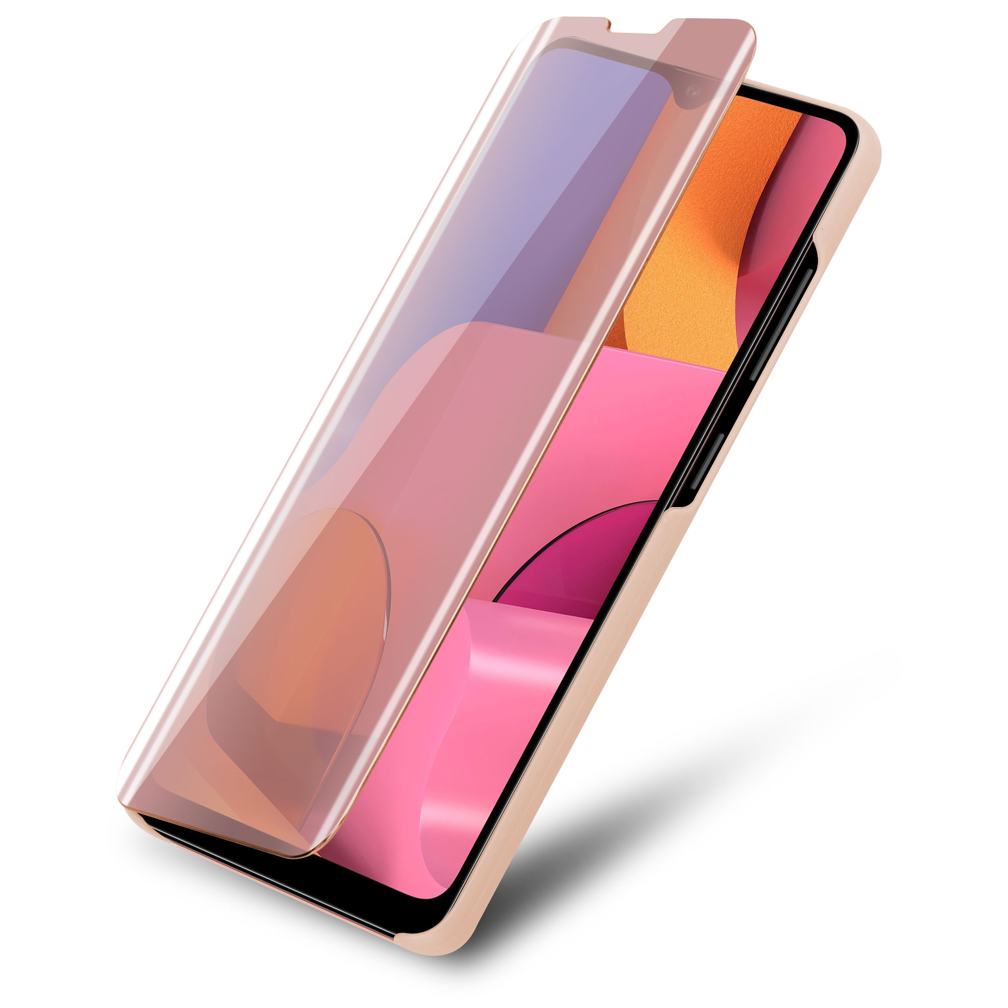 Ein rosa Telefon mit einem teilweise angebrachten Displayschutz.
