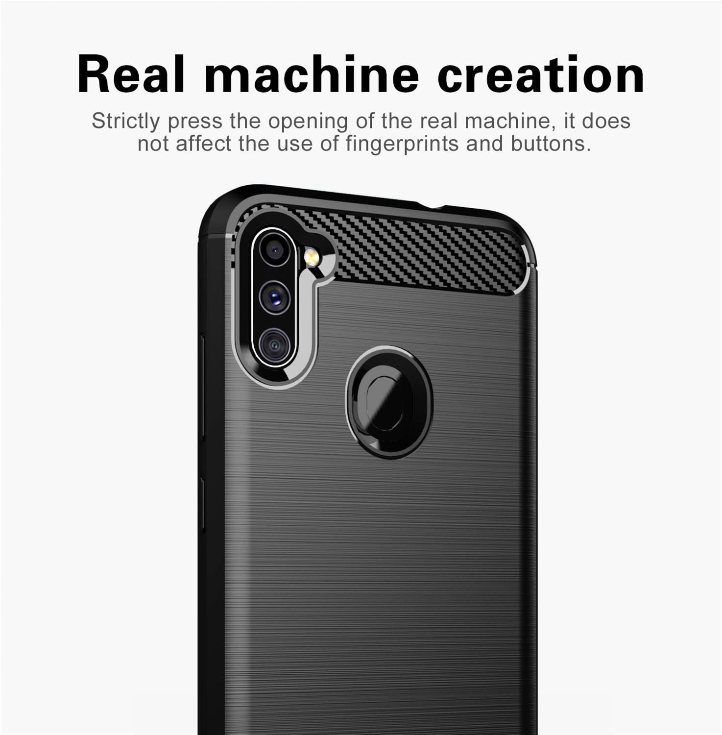 Primo piano di una custodia per telefono nera con un motivo strutturato, che mostra la fotocamera e i pulsanti.