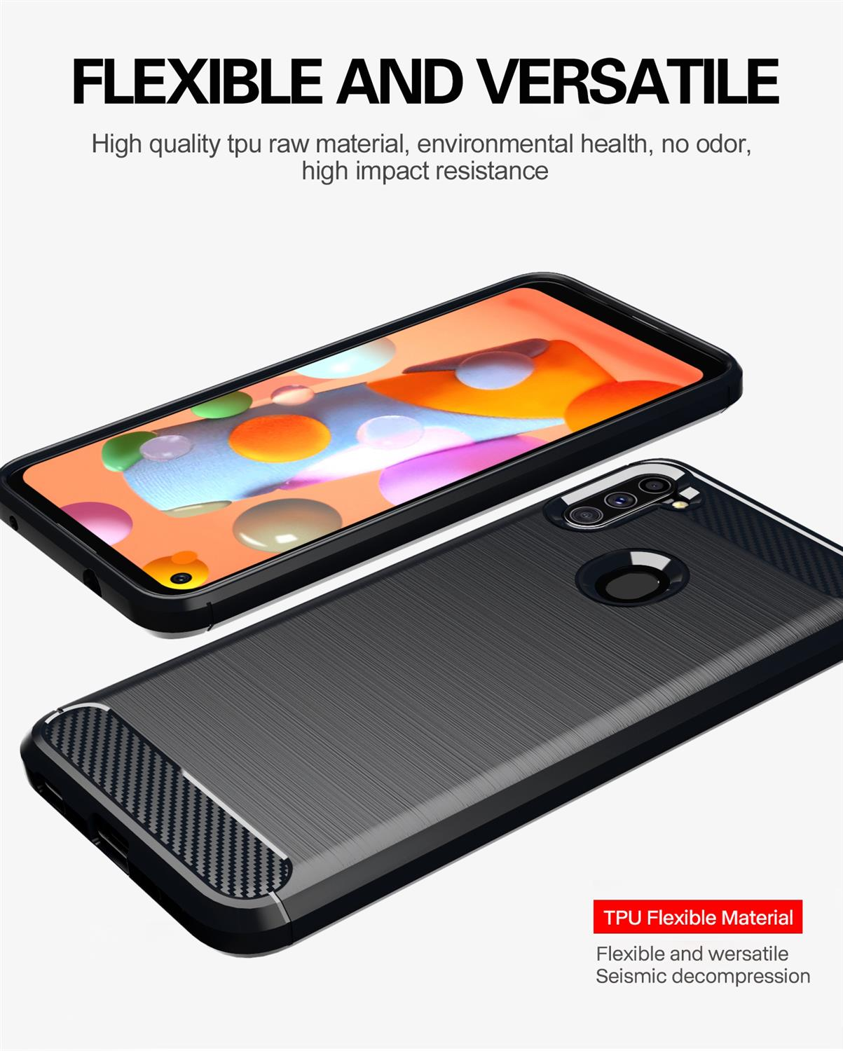 Due custodie per telefono nere con schermo, con testo sul materiale flessibile TPU.