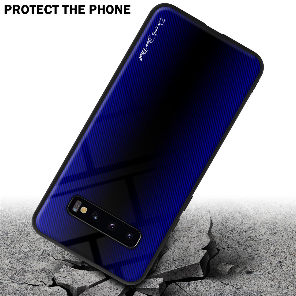 Telefono con custodia sfumata blu e nera, appoggiato su un marciapiede incrinato. La custodia dice: 'Do You Wish'.