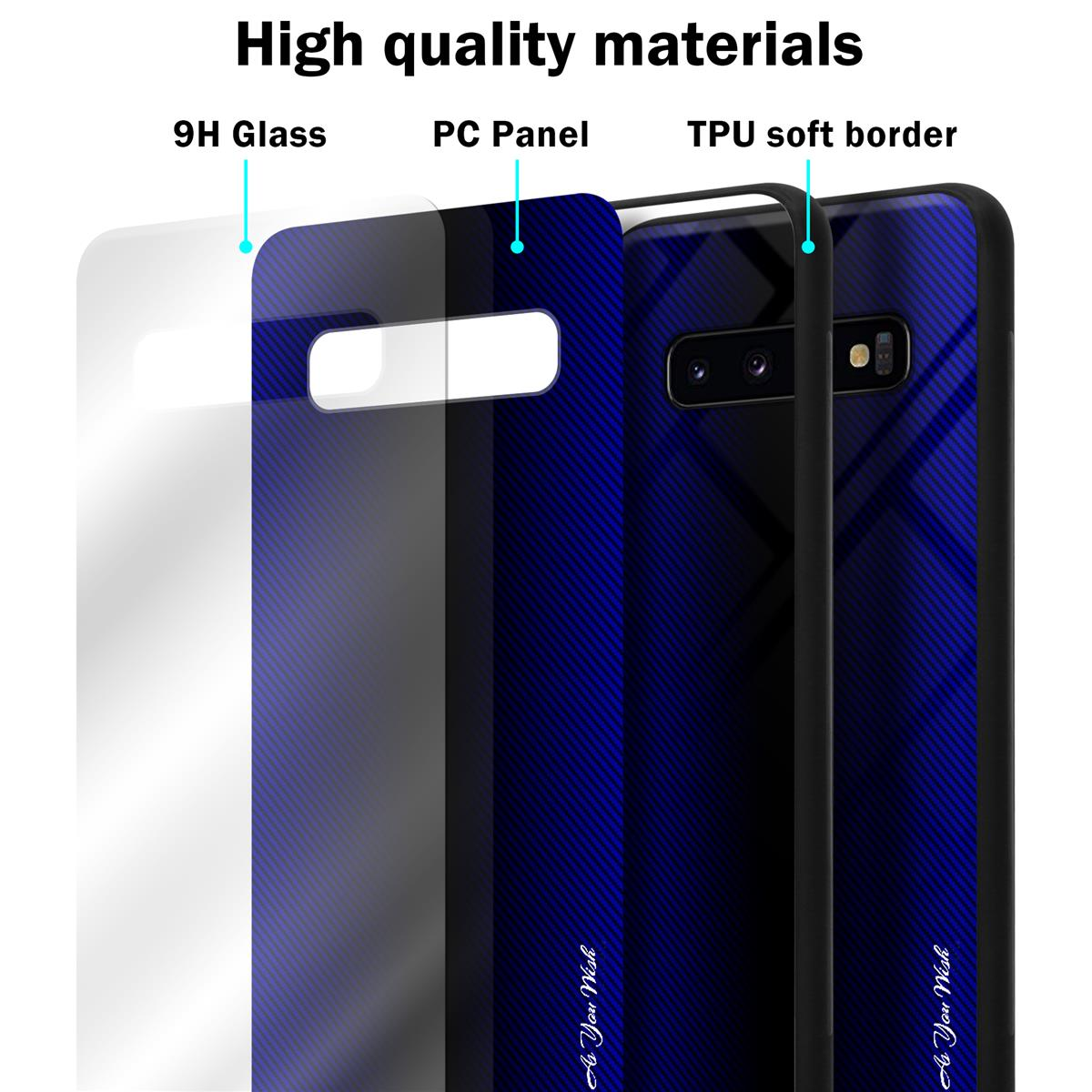 Tre strati di custodie per telefono. Vetro 9H, pannello PC e bordo morbido in TPU. Gradiente blu e blu scuro.