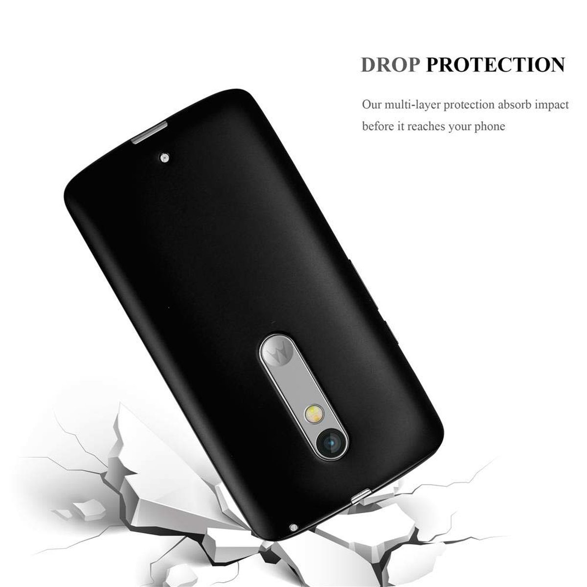 Schwarze Handyhülle lehnt auf einer zerbrochenen Oberfläche. Ein Telefon befindet sich darin.
