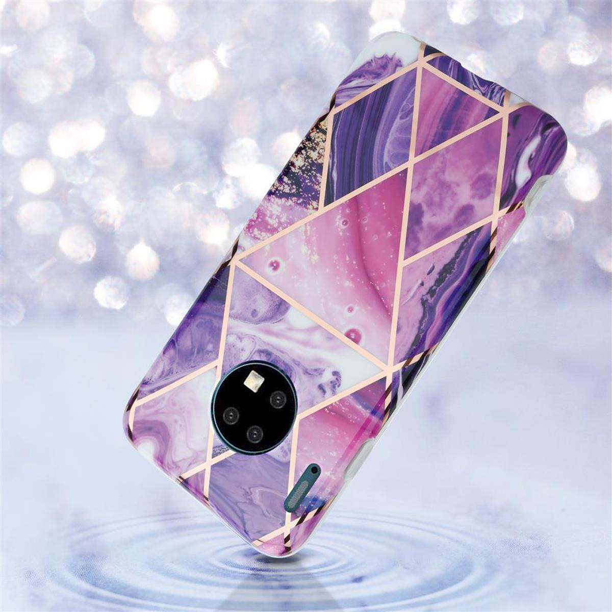 Una custodia per telefono con un design a marmo rosa e viola con linee dorate su superficie glitterata.
