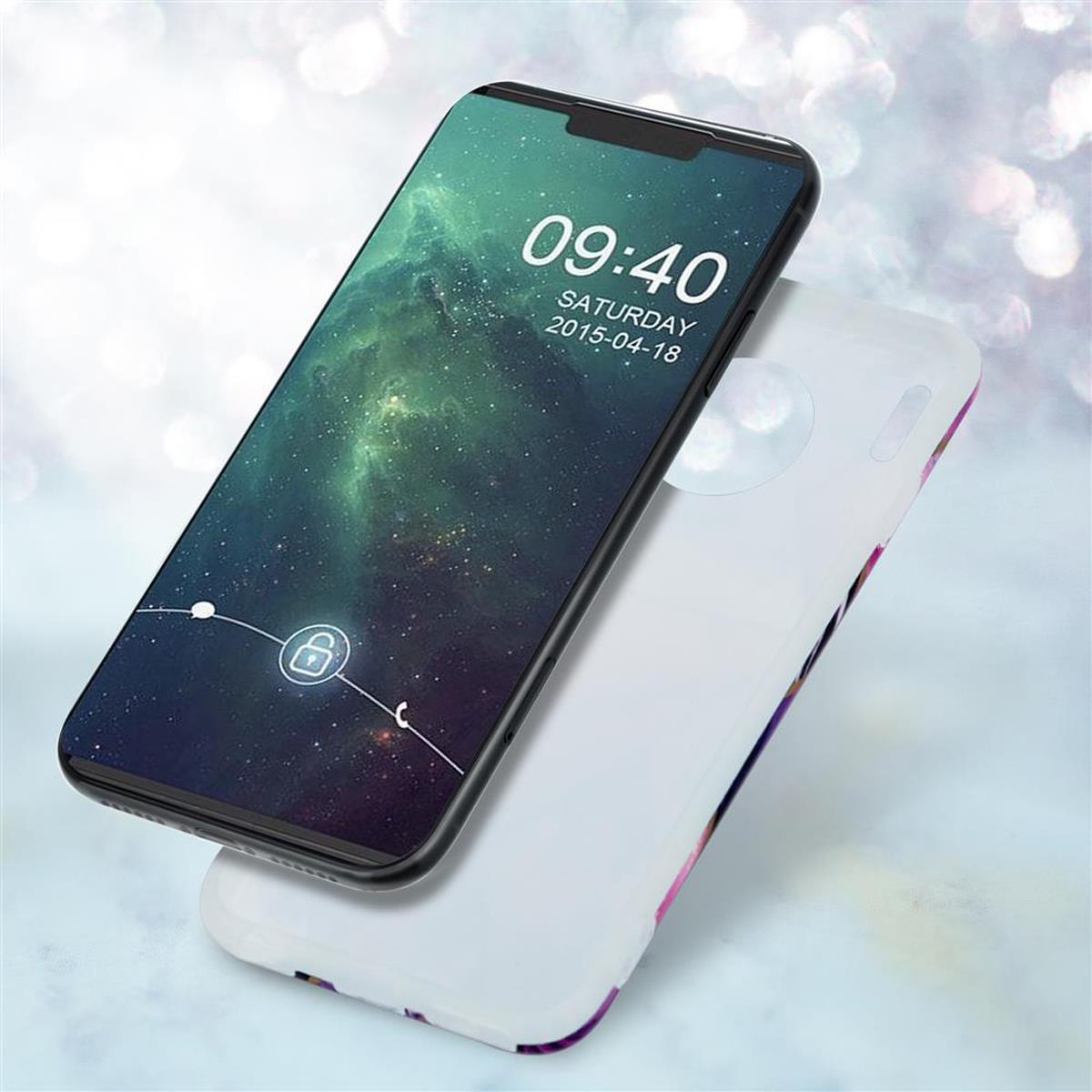 Smartphone con schermata di blocco, che mostra uno sfondo a tema galassia, accanto a una custodia bianca.