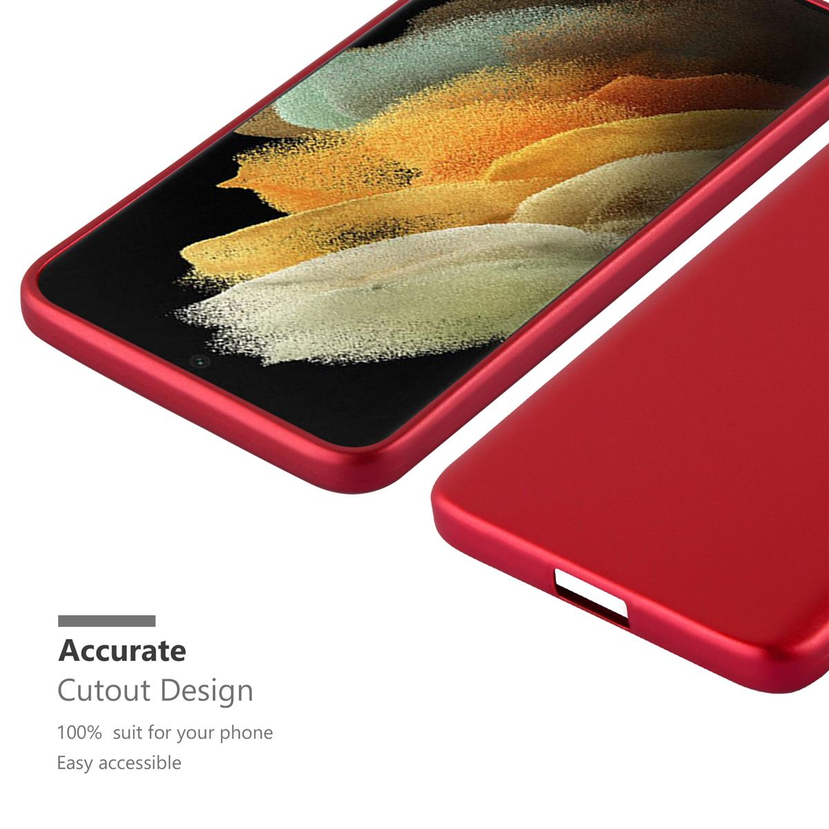 Eine rote Handyhülle und ein Smartphone. Die Hülle rechts, das Telefon links.