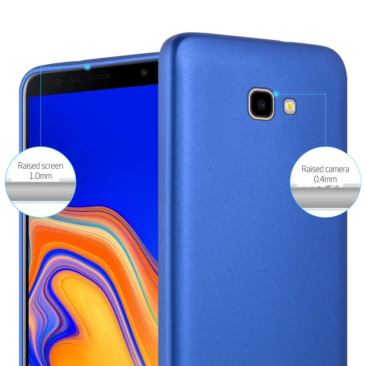 Una custodia blu per telefono con schermo e fotocamera rialzati. Il telefono è un Samsung blu.