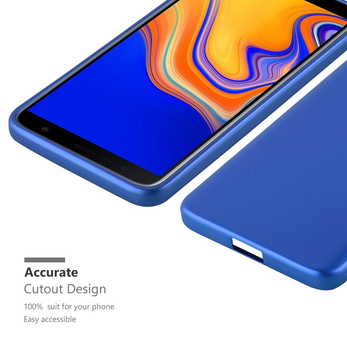 Custodia blu per telefono su sfondo bianco. Testo: Design di ritaglio preciso, facilmente accessibile.