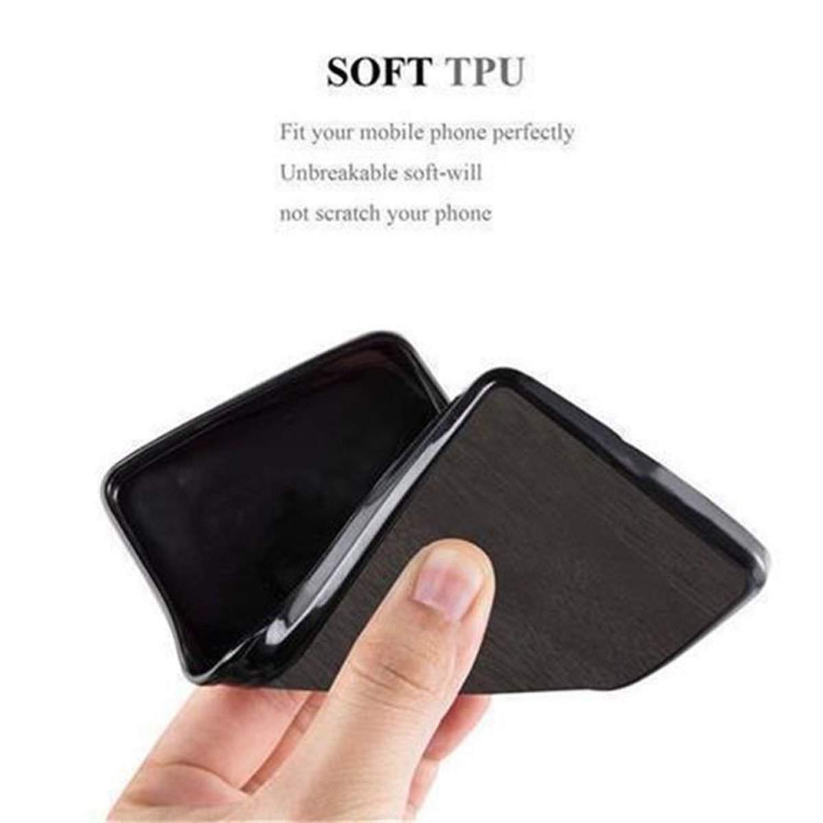 Mano che tiene una custodia nera per telefono, mostrando la potenziale vestibilità del telefono.