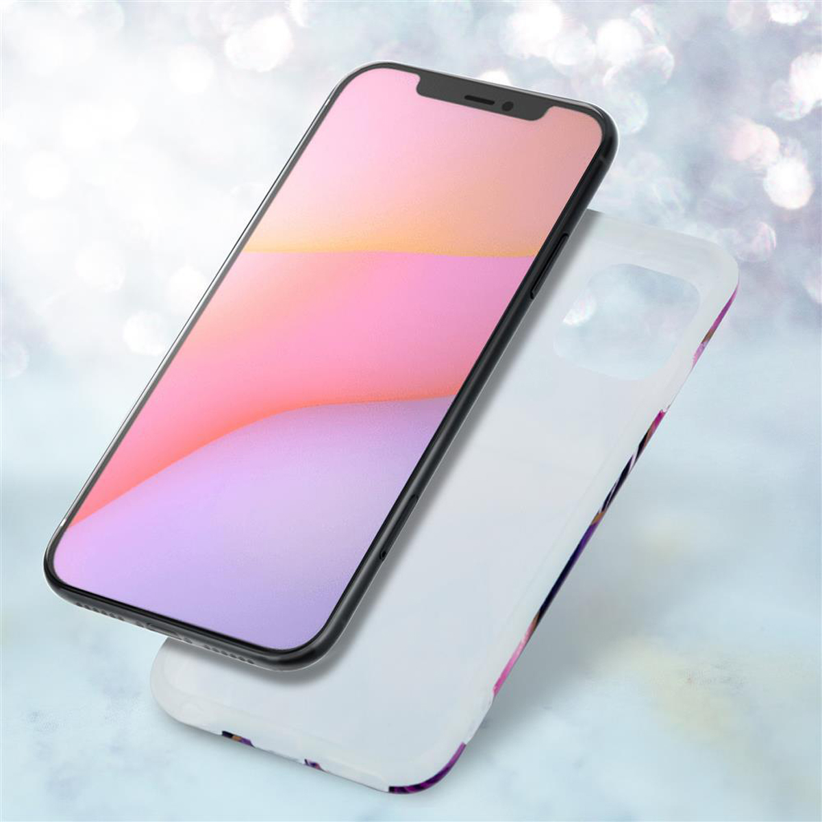 Smartphone e custodia bianca, entrambi con un design colorato.