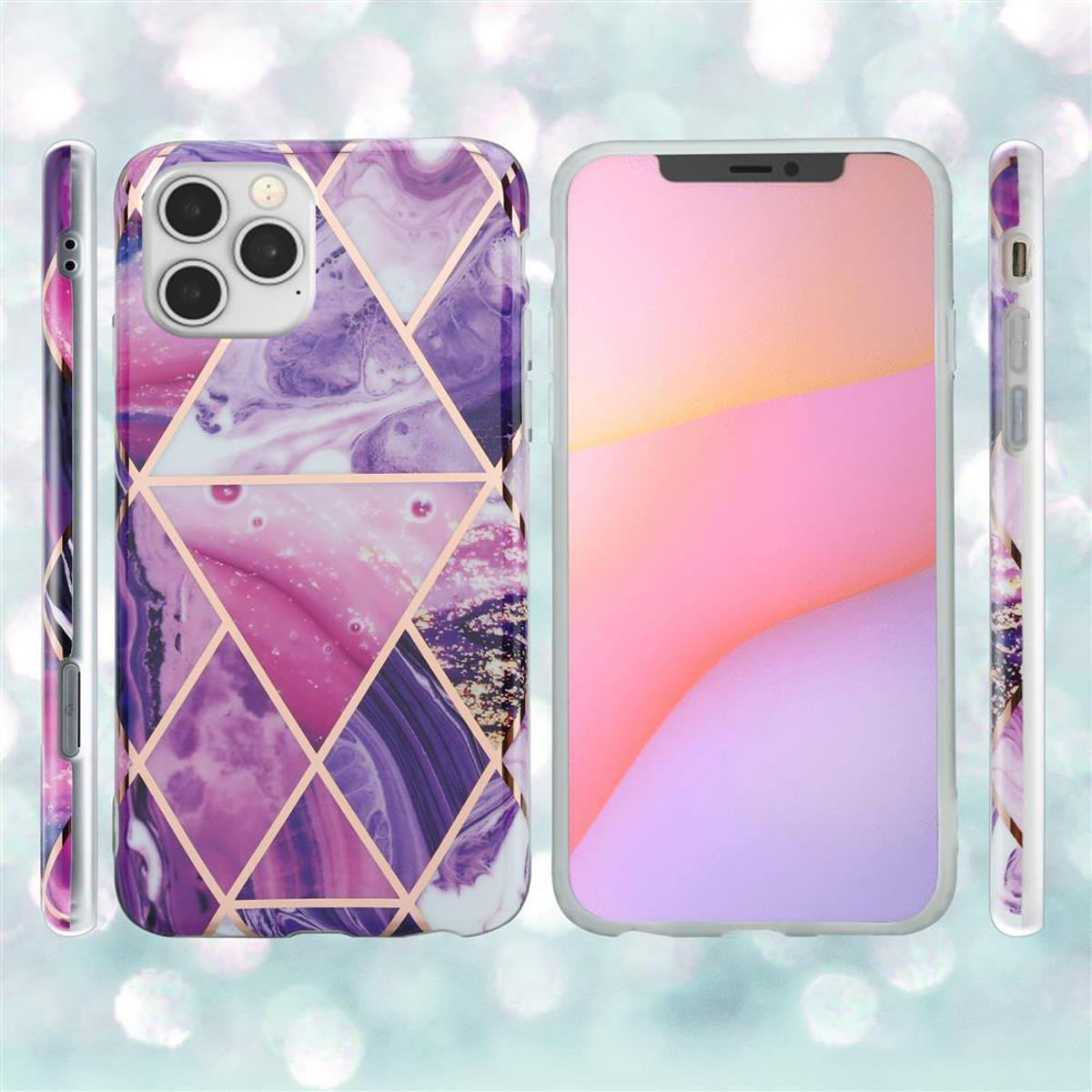 Custodie per telefono con design marmoreo. Un telefono con custodia in marmo rosa e viola.