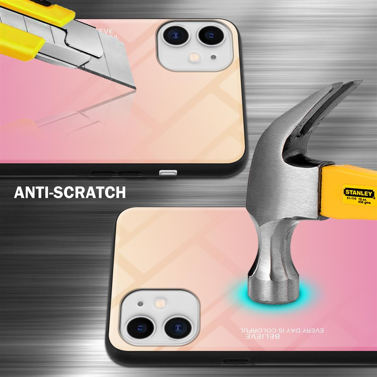 Handyhüllen mit Kratzschutztest. Messer und Hammer schlagen auf die Hüllen.