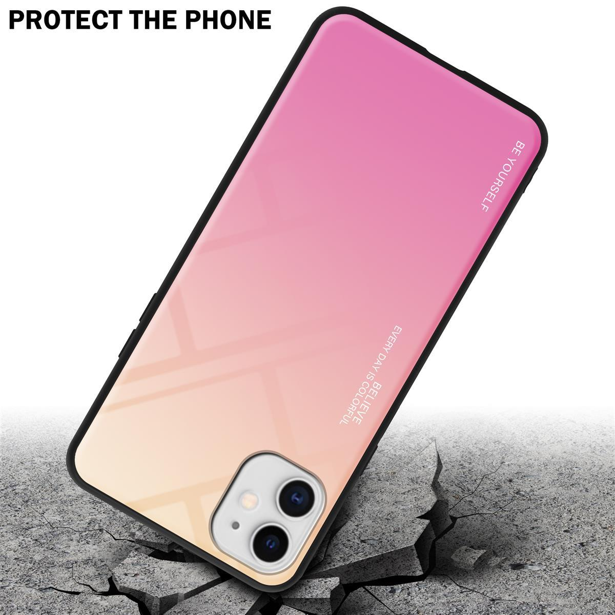 Rosa und gelbes Handy-Case. Das Telefon liegt mit Rissen am Boden. Das Case schützt es.