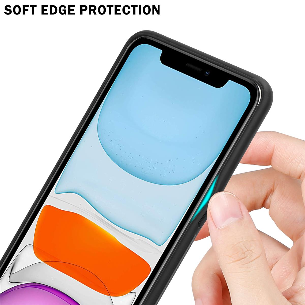 Una custodia per telefono con schermo colorato. La mano tocca il bordo. Il testo dice 'Protezione bordi morbidi'.