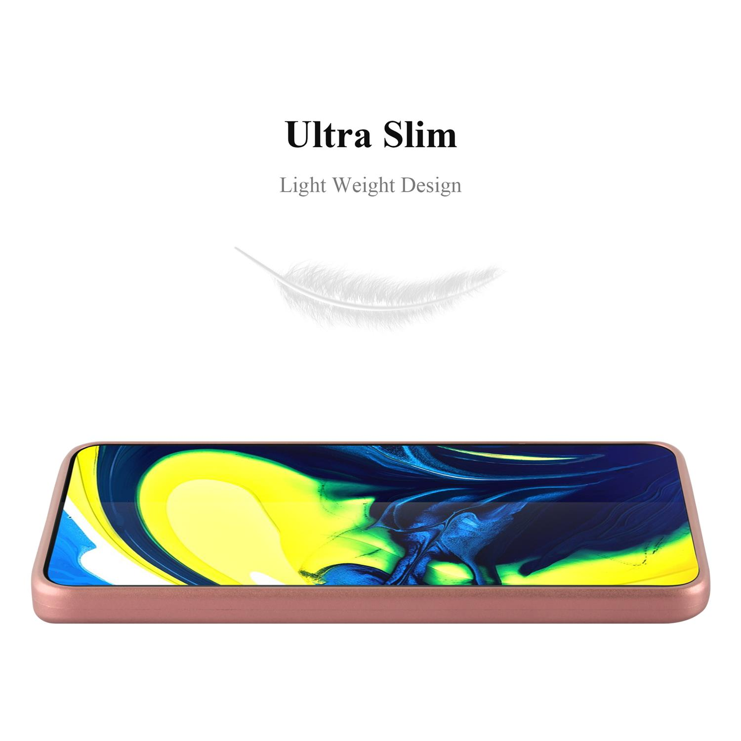 Una custodia per telefono color oro rosa. La custodia è sdraiata e mostra il suo lato.