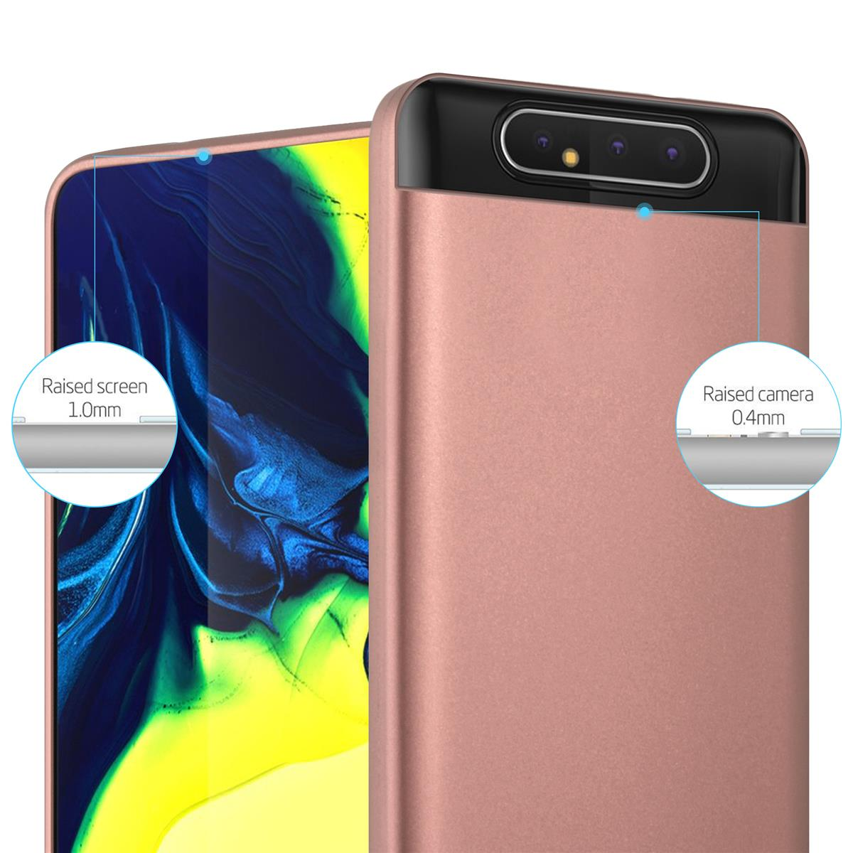 Primo piano di una custodia per telefono rosa. Mostra le aree rialzate dello schermo e della fotocamera. Sfondo bianco. Vista dettagliata.
