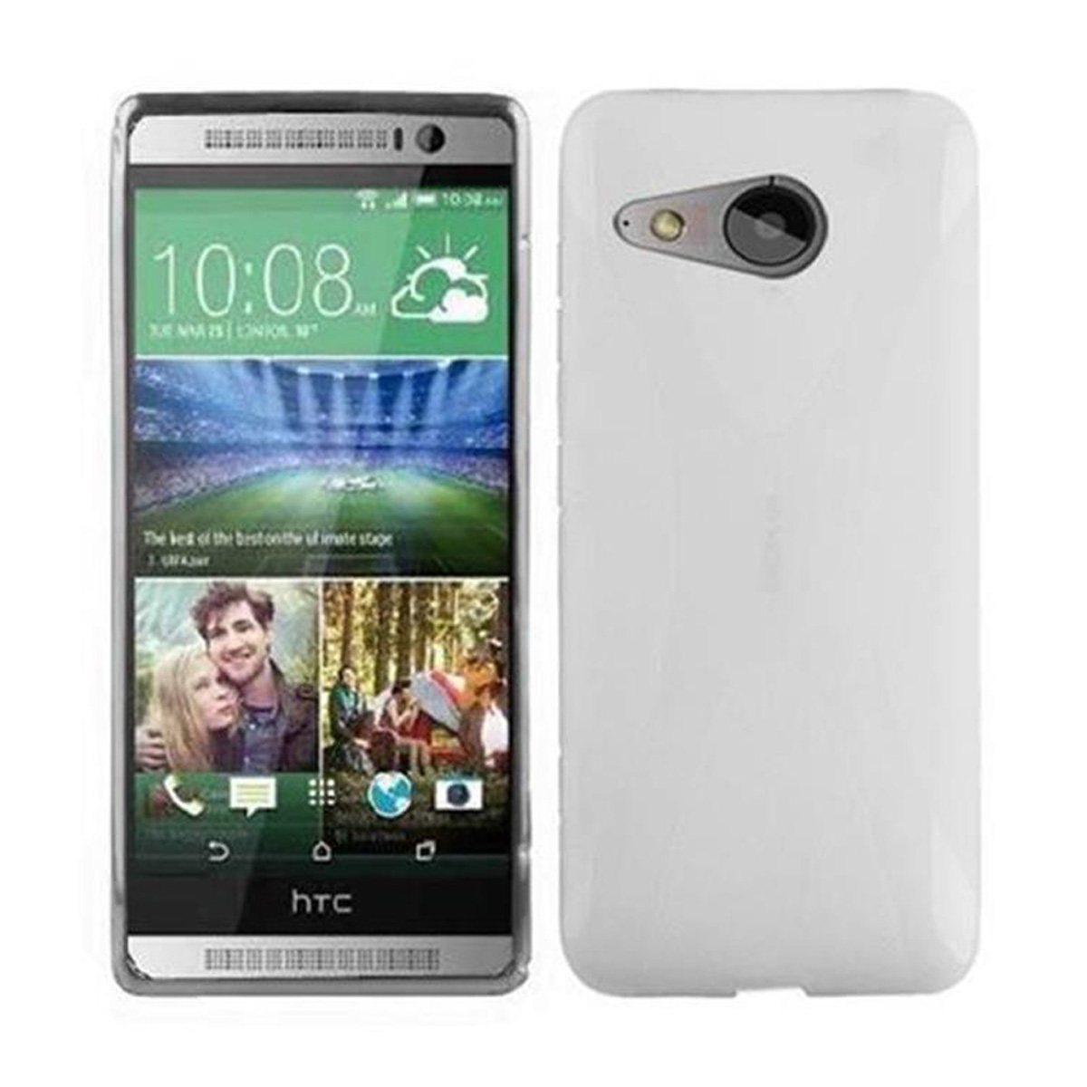 Smartphone blanco con funda, la pantalla muestra la hora, fecha e imagen.