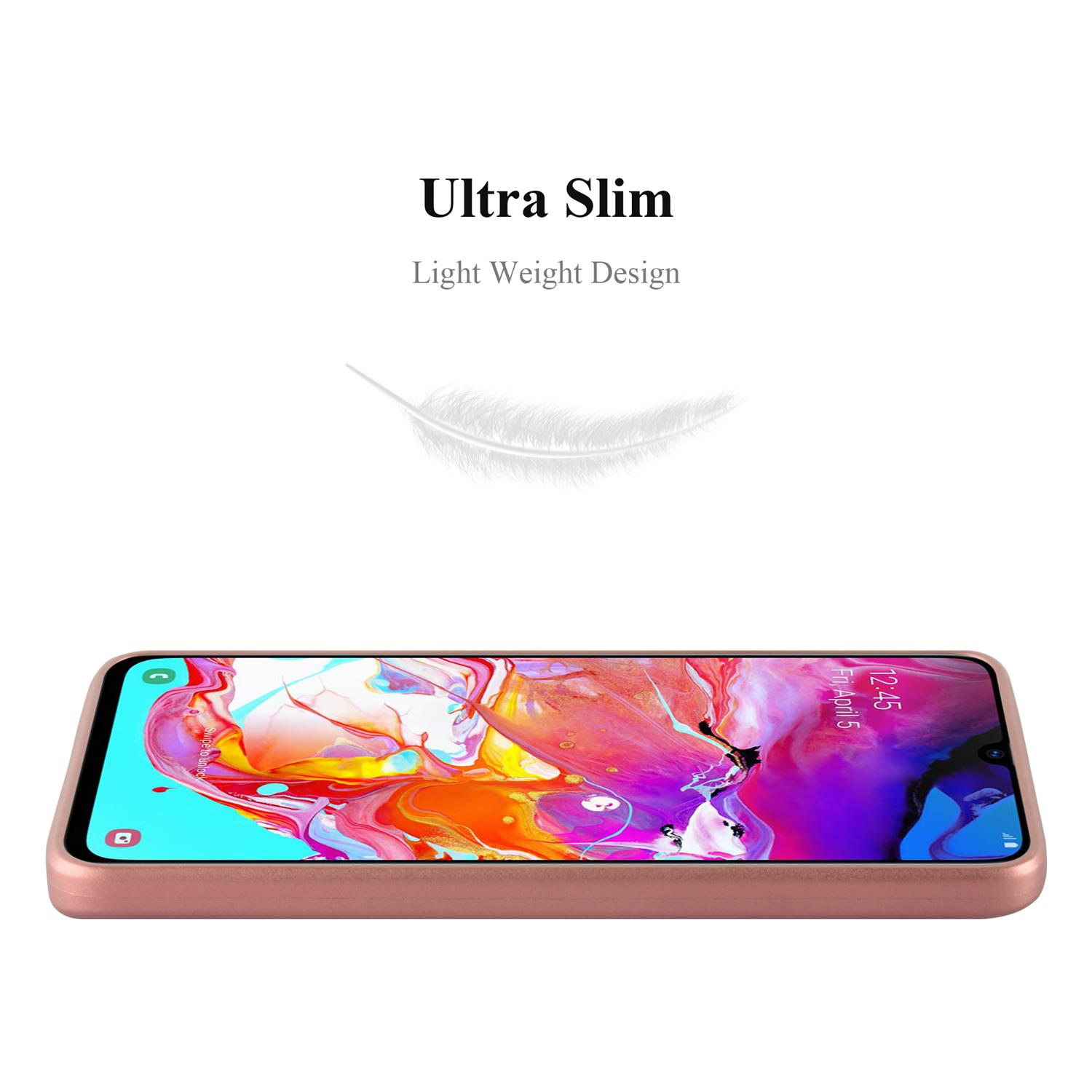 Custodia telefono oro rosa su sfondo bianco con testo 'Ultra Slim' e piuma.