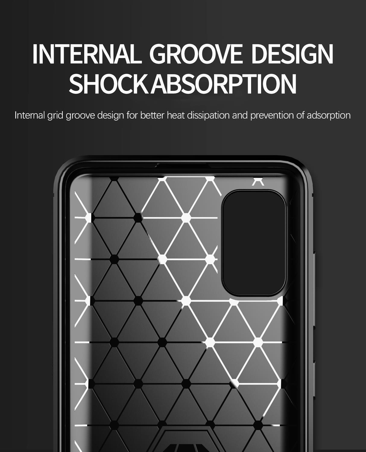 Una custodia per telefono con un motivo geometrico. Testo: 'Internal groove design shock absorption'.