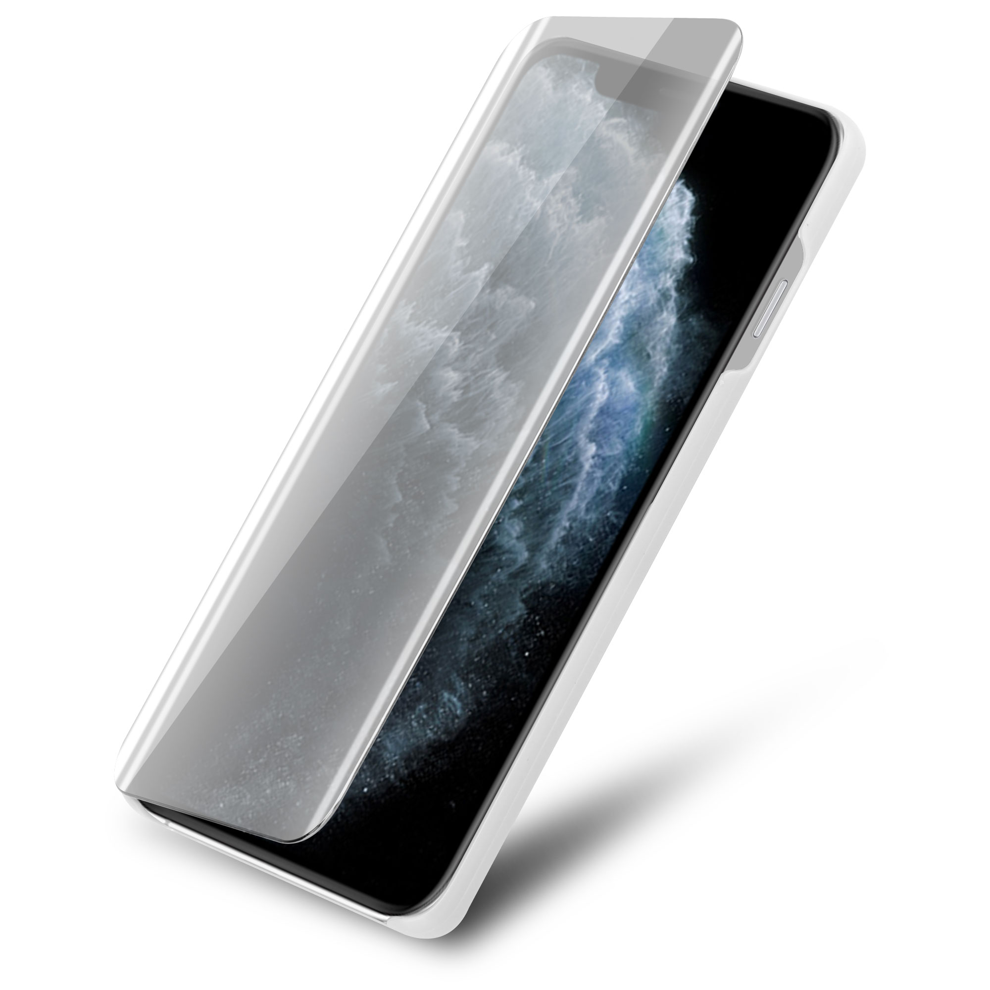 Ein weißes Telefon mit teilweise geöffnetem Displayschutz, das einen verschwommenen, abstrakten Hintergrund zeigt.