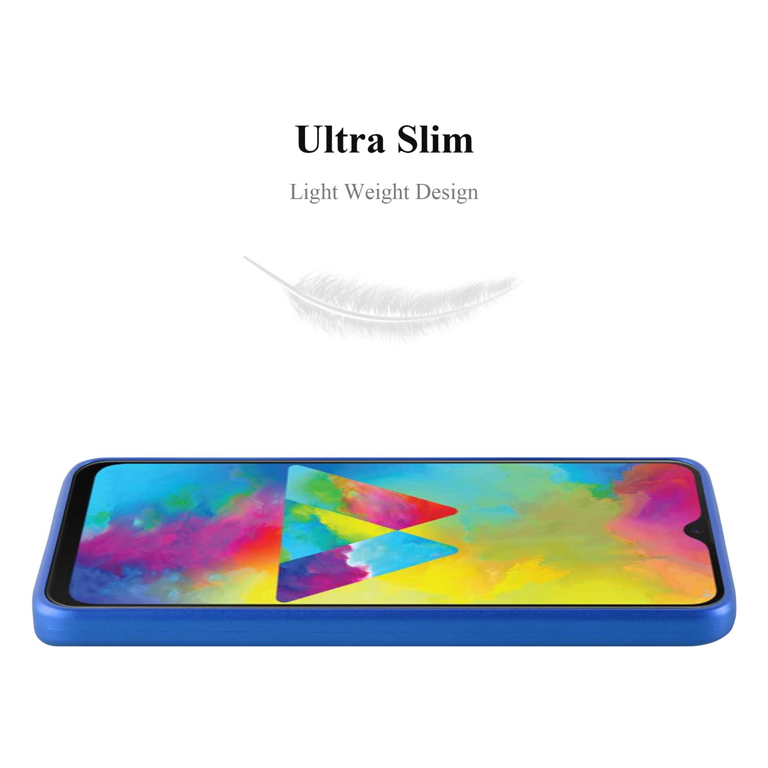 Funda de teléfono azul con un teléfono que muestra una pantalla colorida.