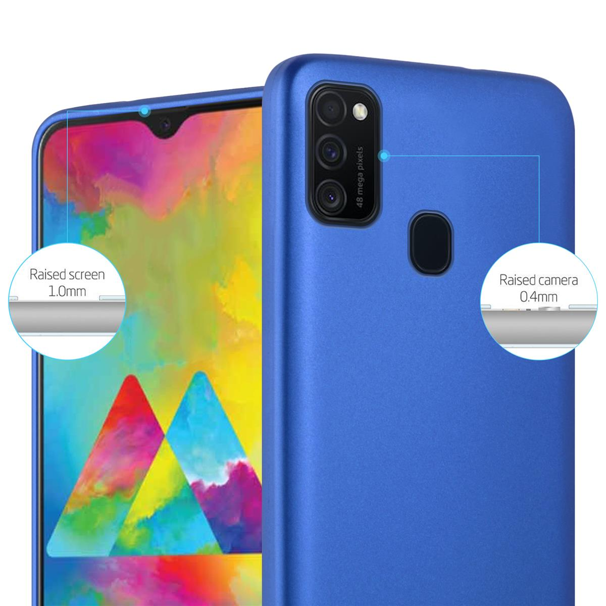 Funda azul para teléfono con detalles de protección de cámara y pantalla.