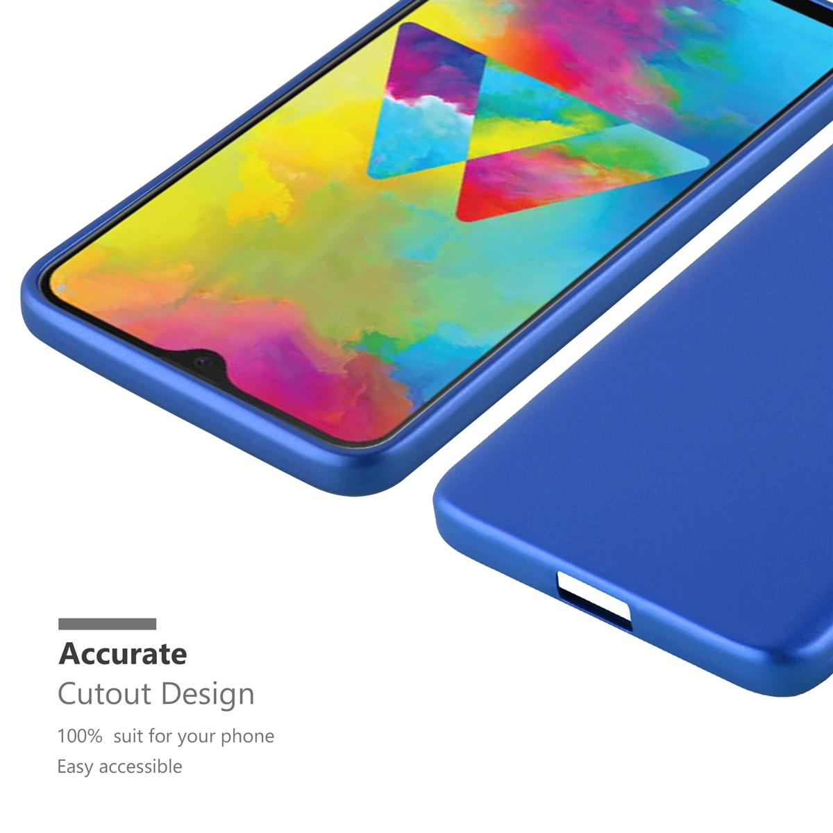 Funda azul para teléfono con un teléfono dentro. La funda tiene recortes para puertos y una cámara. La pantalla muestra la pantalla.