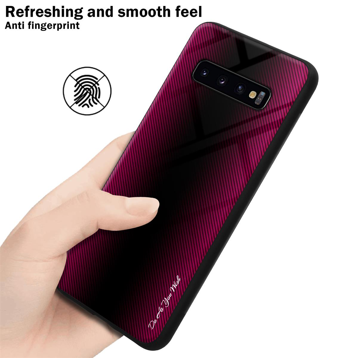 Mano che tiene un telefono con un retro sfumato rosa e nero. Il telefono ha un'icona di impronta digitale.