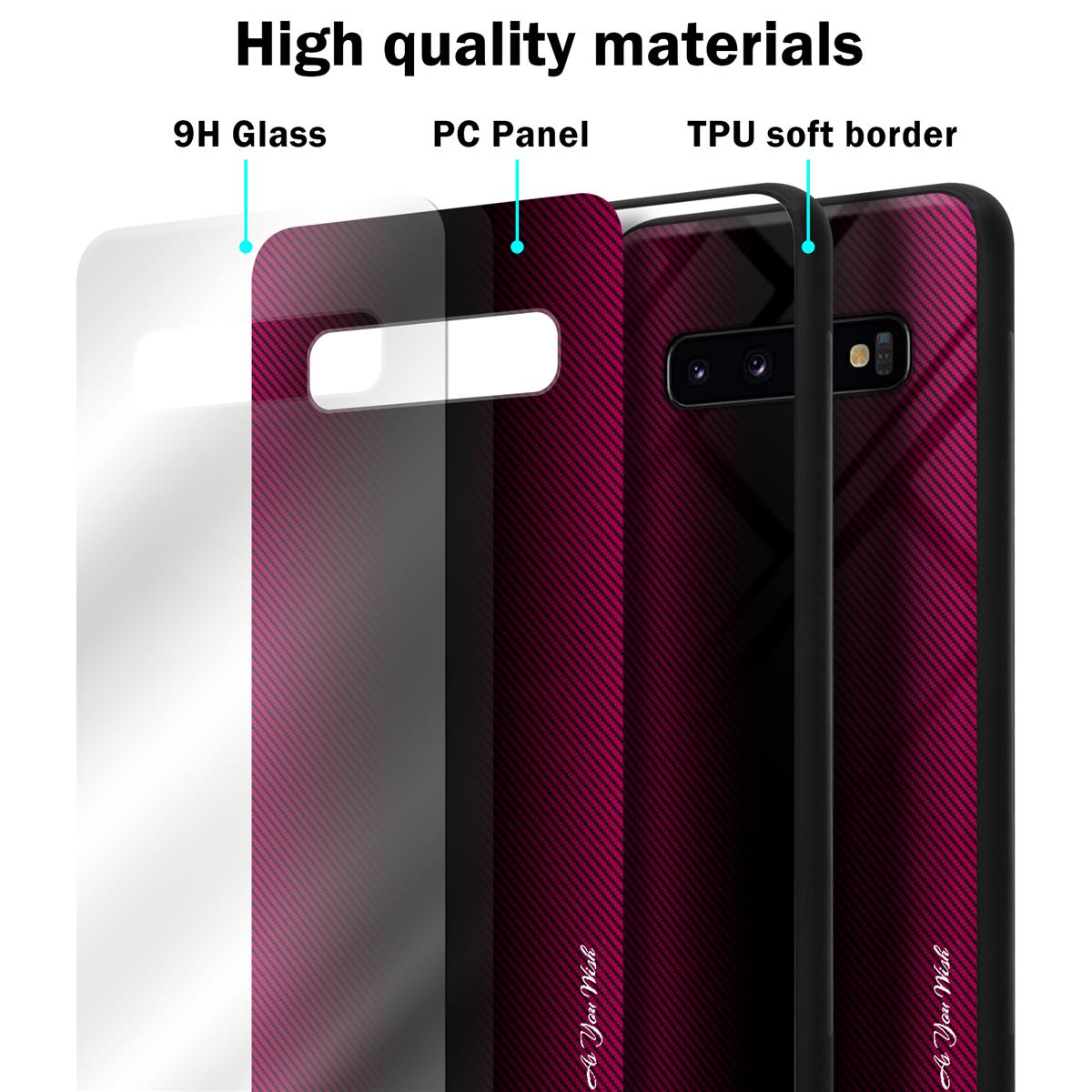 Tre strati di materiali per custodie per telefoni. Vetro 9H, pannello PC e bordo morbido in TPU. Schema di colori rosa e nero.