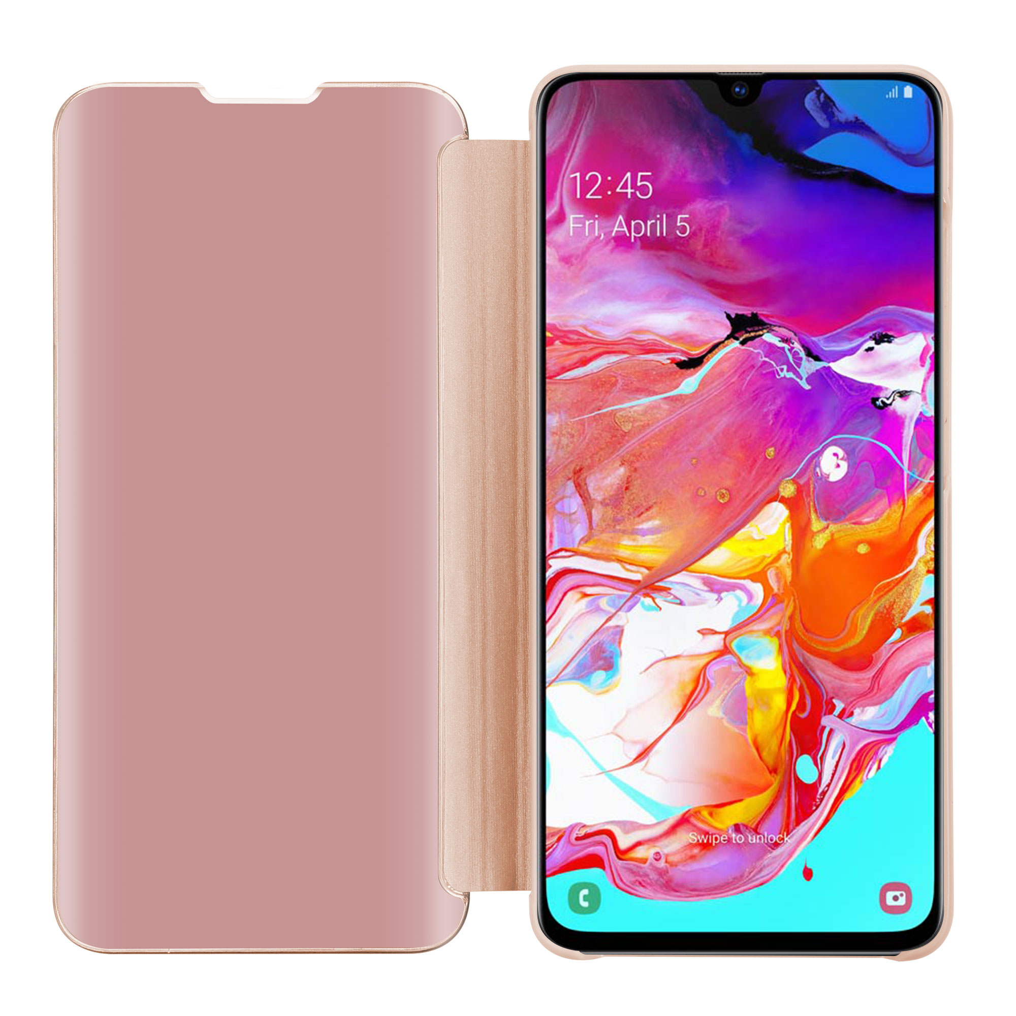Una custodia rosa con un telefono all'interno e la custodia è aperta. Il telefono mostra l'ora e la data.