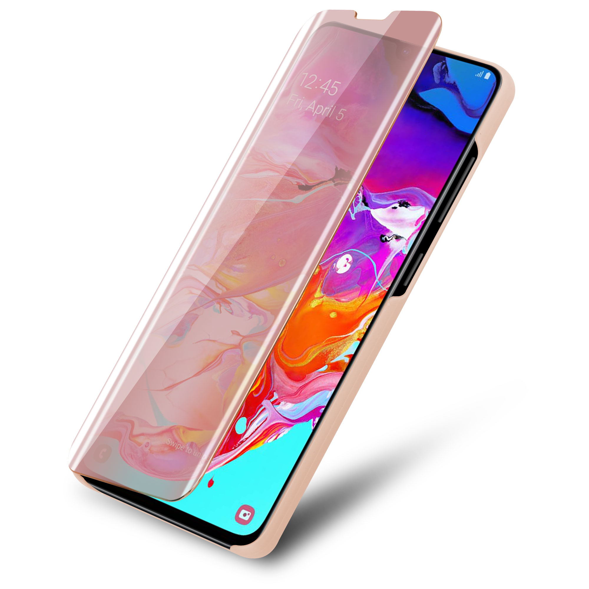 Un telefono in una custodia rosa con protezione schermo, aperto.