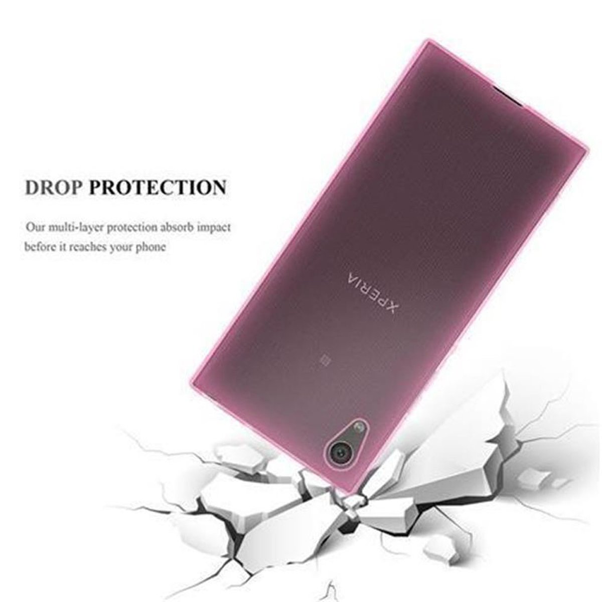 Un telefono rosa con custodia, terreno rotto e le parole Drop Protection.