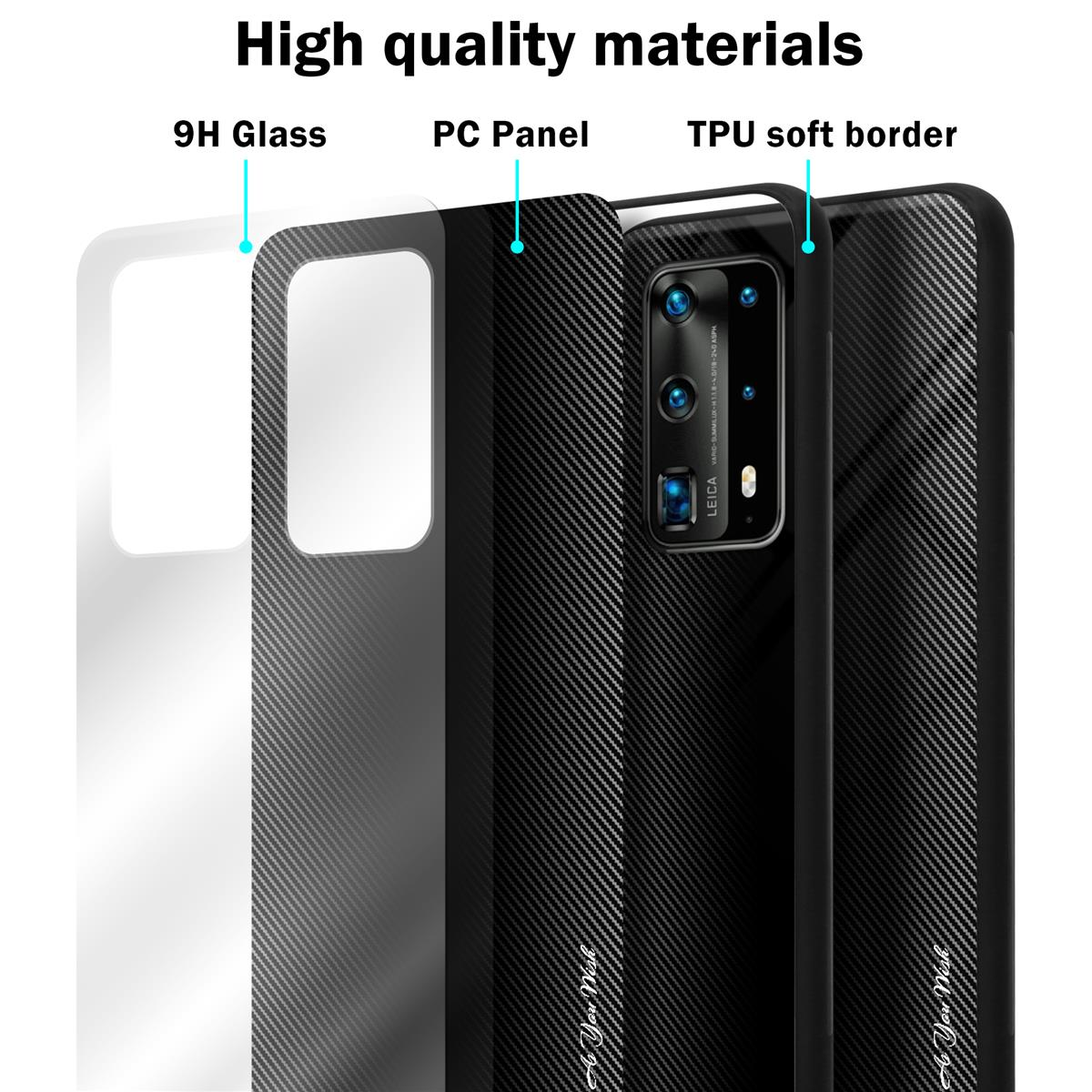 Strati della custodia del telefono: vetro 9H, pannello in PC e bordo morbido in TPU, con design in fibra di carbonio.