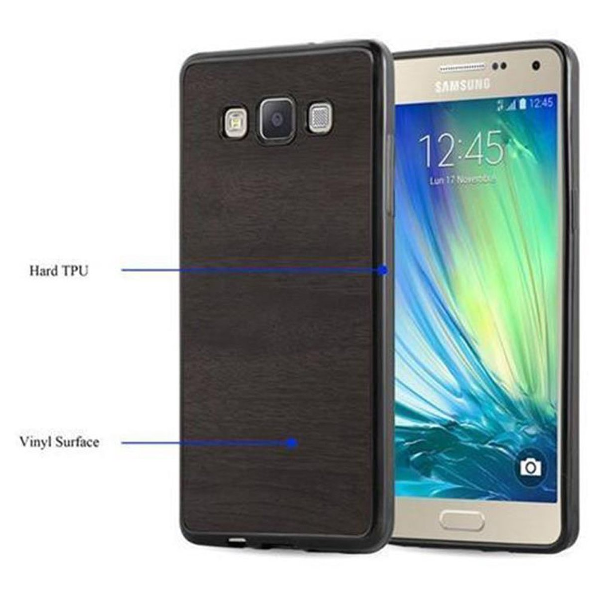 Eine Handyhülle mit Holzmaserung neben einem goldfarbenen Telefon. Zeigt die Funktionen.
