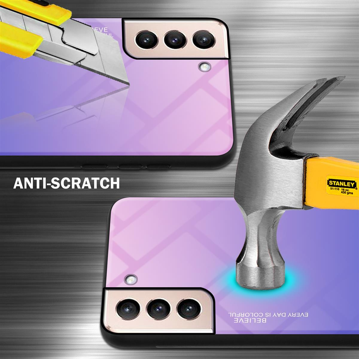 Handyhülle mit lila und pinkfarbenem Glas. Hammer und Teppichmesser. Weißer Hintergrund.
