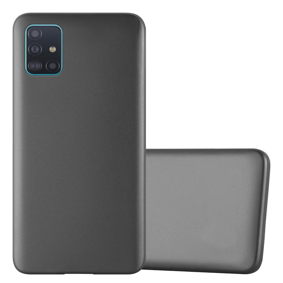 Graue Handyhülle auf einem Handy. Das Handy hat einen schwarzen Bildschirm und eine Kamera.