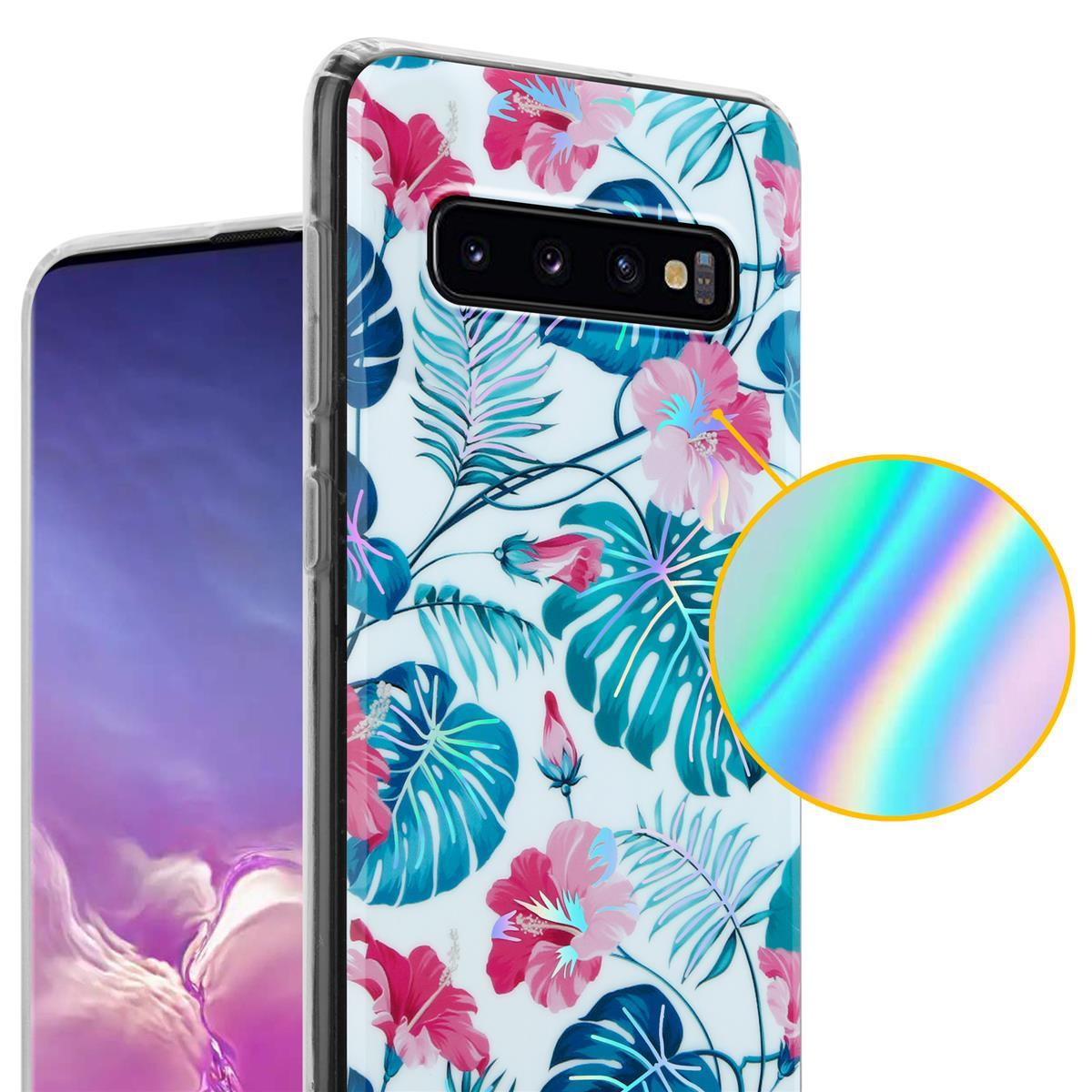 Una custodia per telefono con motivo floreale. Ci sono fiori rosa e foglie blu su sfondo bianco.