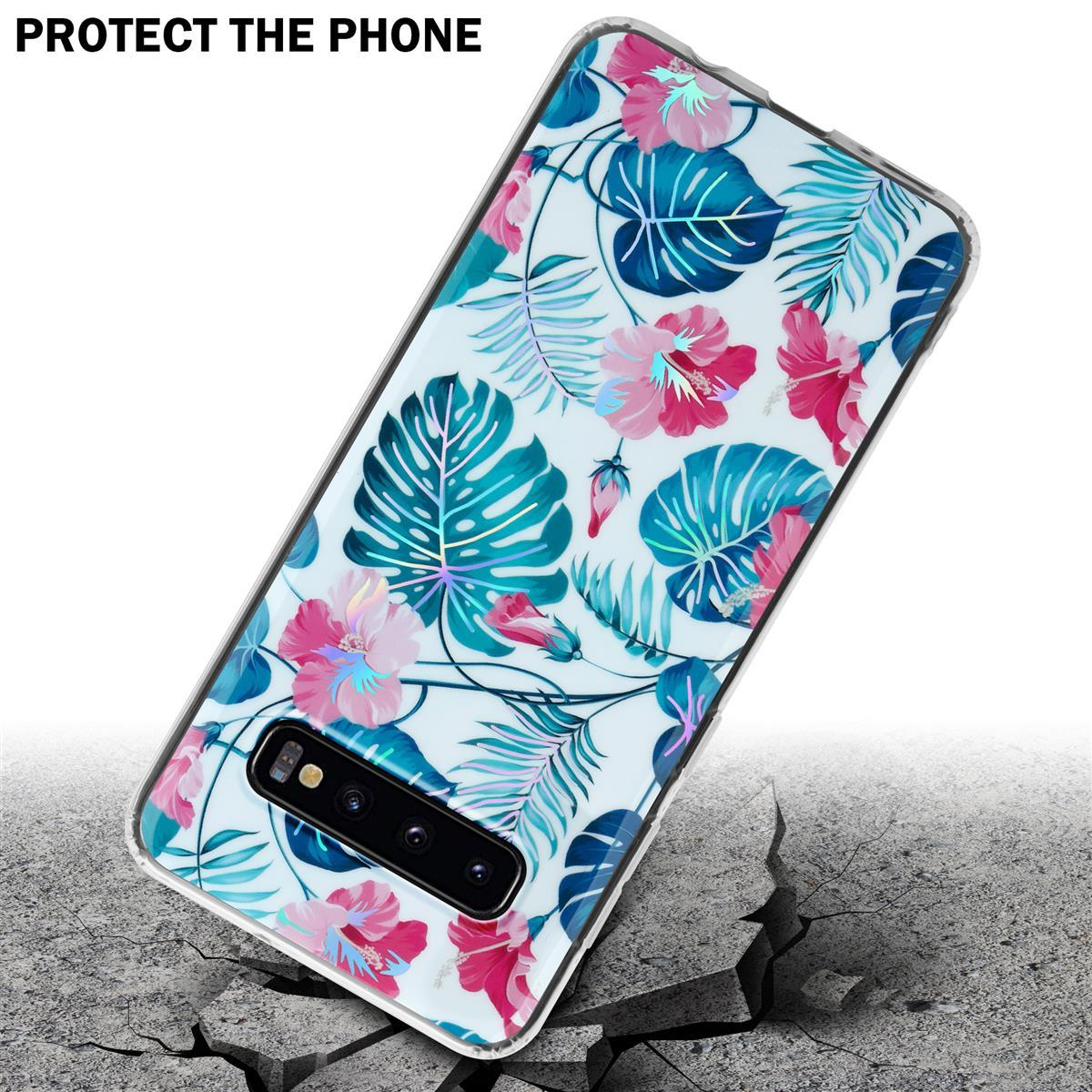 Custodia per telefono con design floreale; bianca, rosa e verde acqua. È angolata su una superficie di cemento crepata.