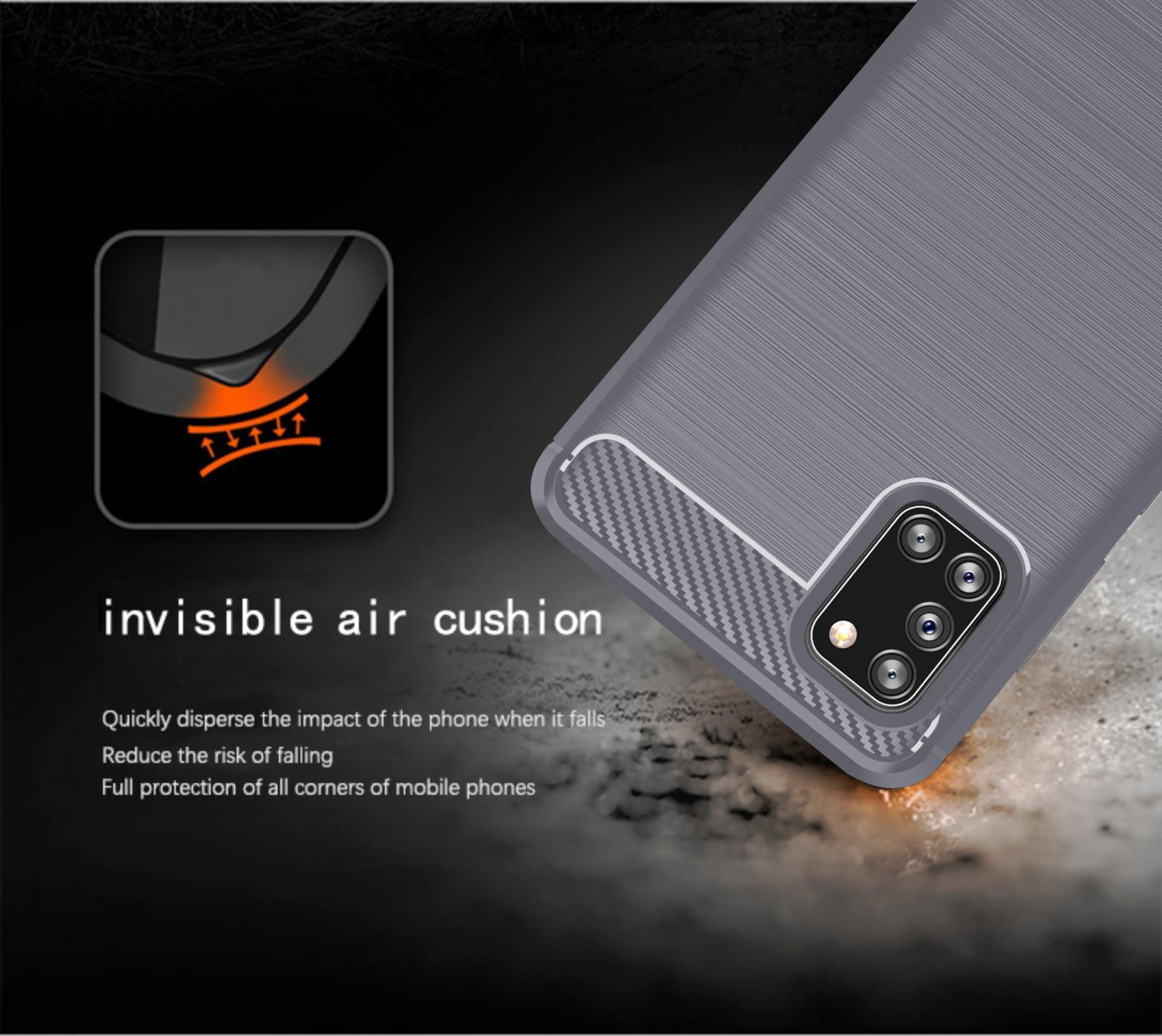 Una custodia grigia con una trama in fibra di carbonio. Presenta un design a cuscino d'aria invisibile.