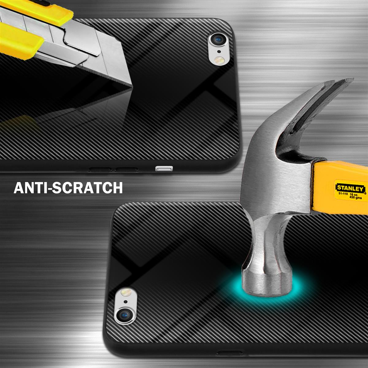 Handyhülle mit Carbonfaser-Design, wird mit einem Hammer geschlagen. Kratzschutz wird gezeigt.