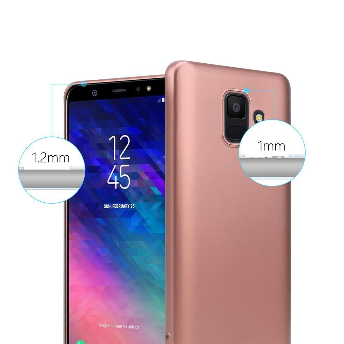 Rosa Handyhülle mit Telefon darin, zeigt die Gehäusestärke.