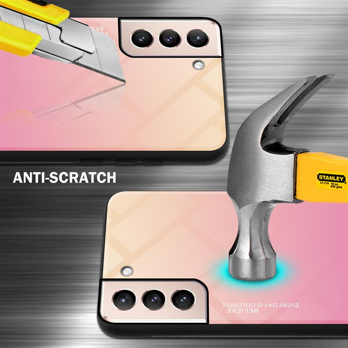 Handyhülle mit Telefon. Messer und Hammer testen die Hülle.