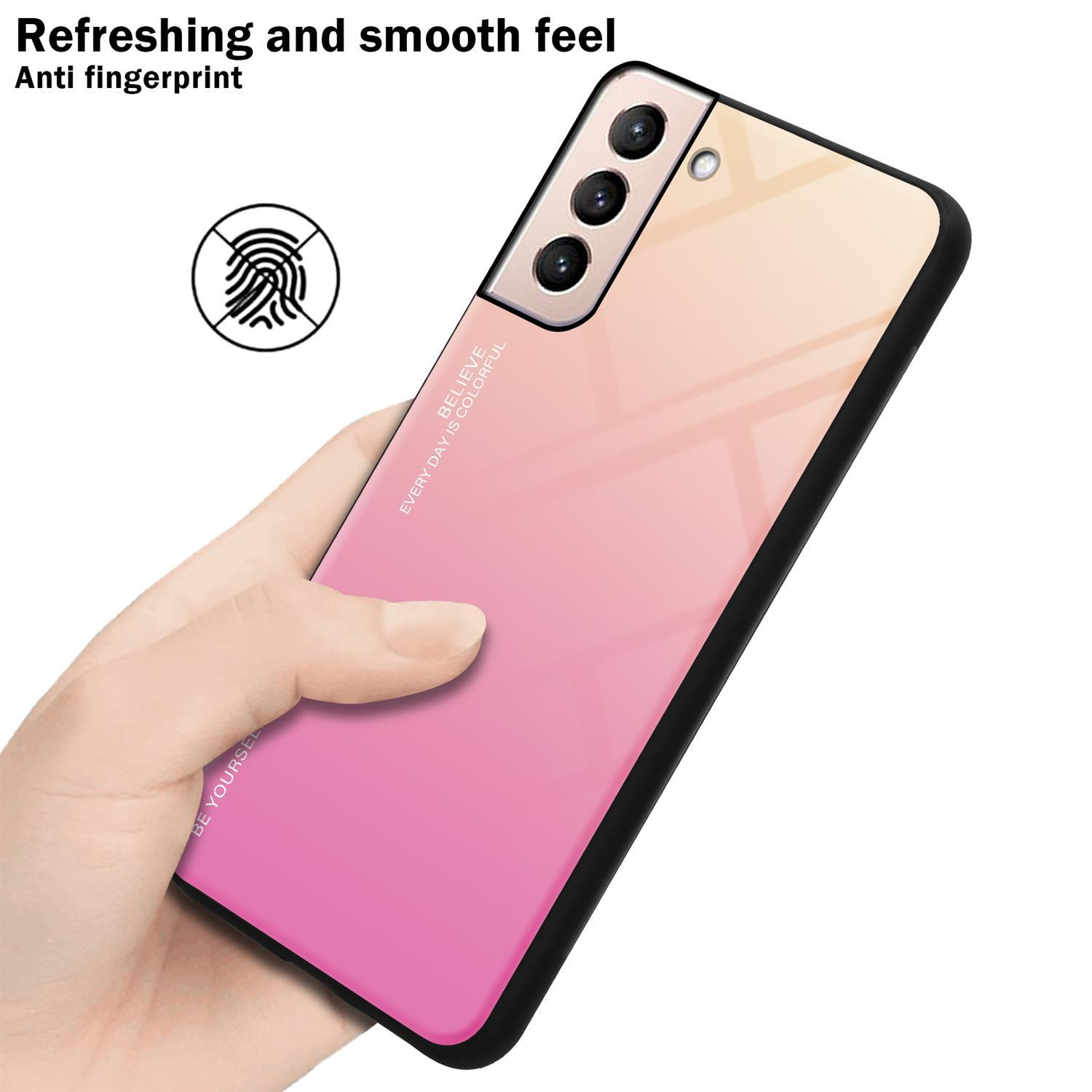 Rosa-gelbes Gradienten-Handycase. Eine Hand hält das Case mit einem Telefon darin.