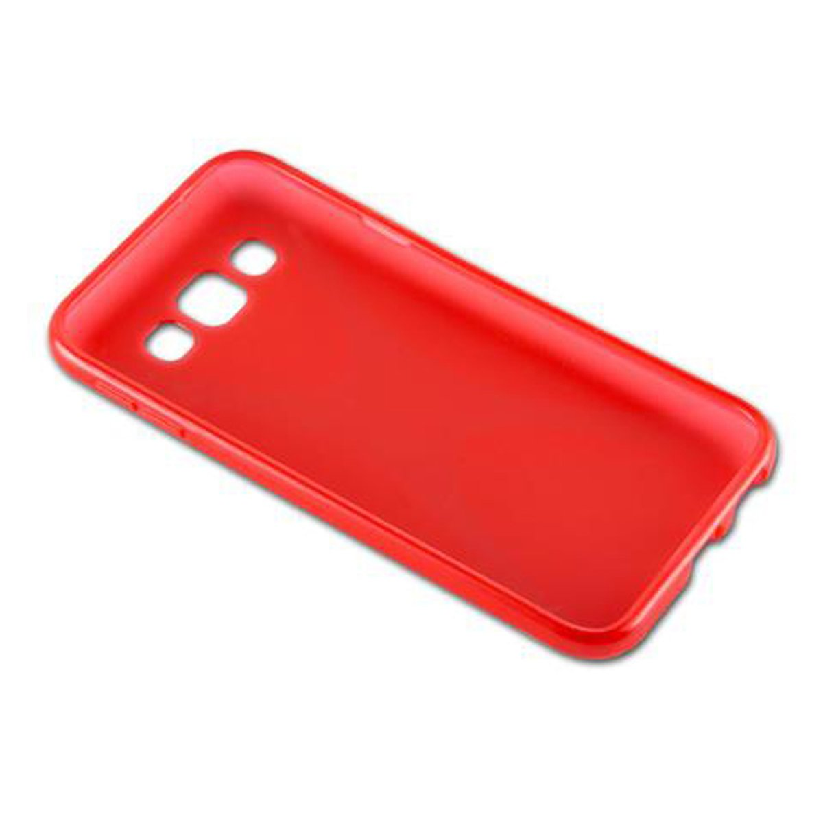 Funda roja para teléfono con recortes, fondo blanco.